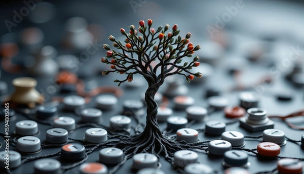 Obraz A unique representation of a tree rising from a sea of buttons, symbolizing growth and connection in a digital world.