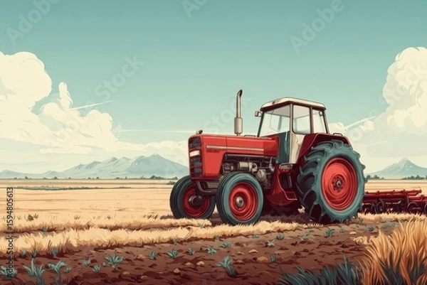 Fototapeta Vintage tractor plowing a golden field under a clear blue sky with mountains in the background