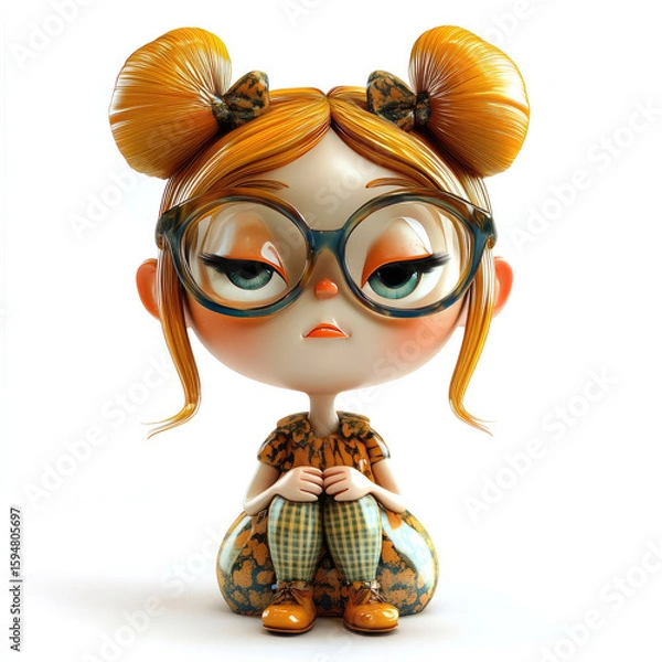 Fototapeta 3D funny cartoon girl in glasses close-up, isolated, on a white background. Ironic character for advertising, logo, cute children's print, illustration for printing on fabric, paper, porcelain, cerami