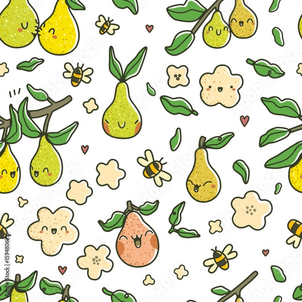 Fototapeta Seamless pattern with cute cartoon pears, bees, flowers, leaves, and hearts. Hand-drawn vector illustration in kawaii style with joyful fruit characters and spring elements.