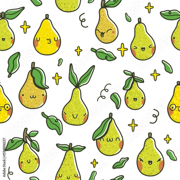 Fototapeta Seamless pattern with cute cartoon pears, green leaves, and sparkling yellow stars. Hand-drawn vector illustration in kawaii style with happy fruit characters and playful details.