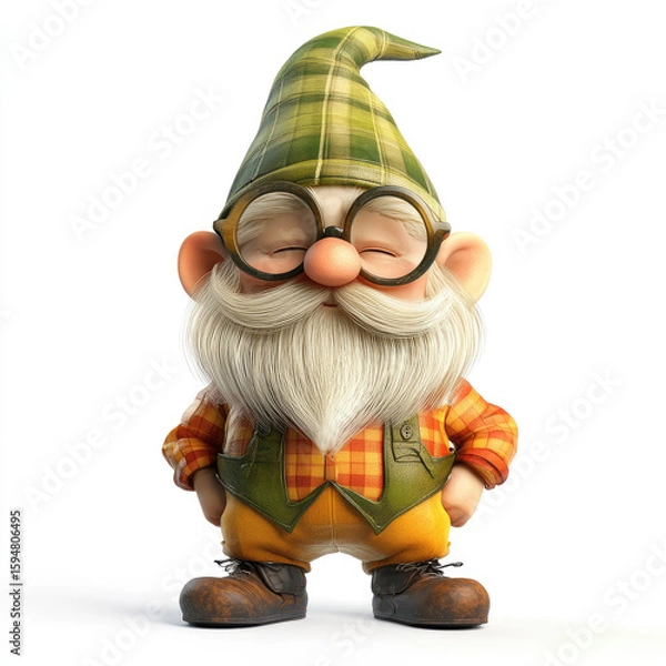 Fototapeta 3D funny cartoon gnome close-up, isolated, on a white background. Fairytale character, cute print, illustration for printing on fabric, paper, porcelain, ceramics, packaging of children's toys.