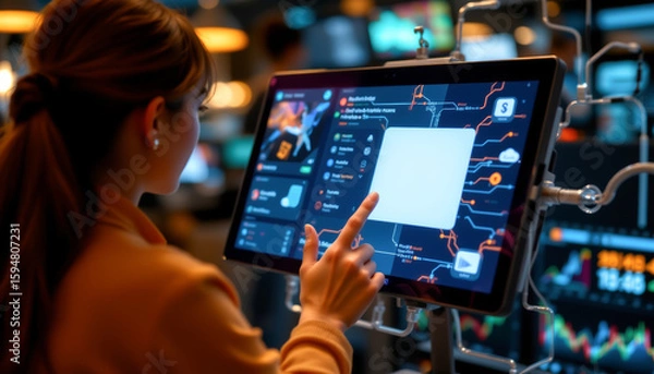 Obraz A woman uses a modern touchscreen interface for data analysis in a high-tech setting, showcasing innovation.