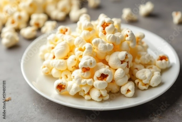 Fototapeta Horizontal flatlay image of popcorn served in a white ceramic plate with unpopped popcorn kernel in the background