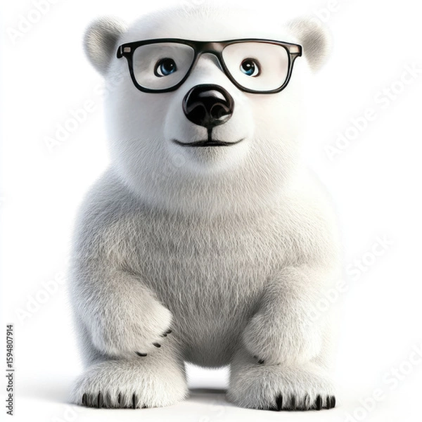 Fototapeta 3D funny cartoon polar bear in glasses close-up, isolated, on a white background. Ironic character for advertising, logo, cute children's print, illustration for printing on fabric, paper, porcelain, 