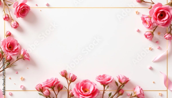 Fototapeta Beautiful arrangement of pink roses on a white background with a delicate border, perfect for invitations or greetings.