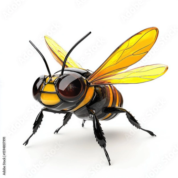 Fototapeta 3D cartoon bee close-up, isolated, on a white background. Print, illustration, advertising of an apiary and honey products.