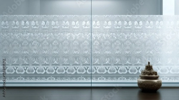 Fototapeta Frosted white glass texture with etched Thai lotus motifs along bottom edge, minimalist corporate style with Asian art influence