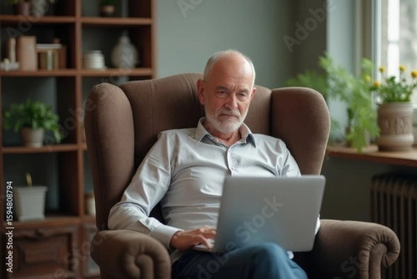 Obraz Mature man sitting in armchair- using laptop- thinking