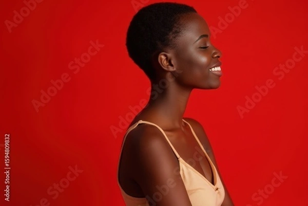 Fototapeta Side view of a pleasant African woman with short hair in a studio shot with a red background