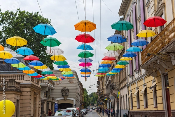 Obraz Decorations with hanging umbrellas