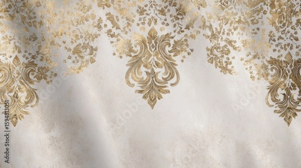 Fototapeta Cream-white background with scattered gold Thai Kanok motifs in low opacity, shimmer-free metallic accents, luxurious yet unobtrusive presentation space