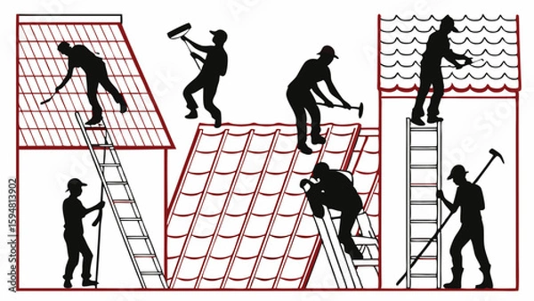Fototapeta Silhouetted construction workers on ladders repairing, installing, and maintaining tiled and shingled house roofs with various tools. Home improvement.