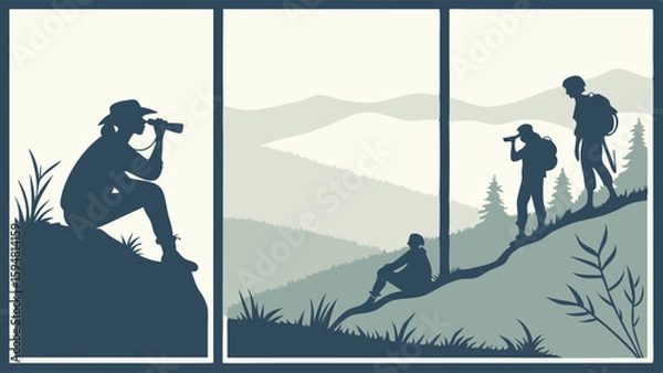 Fototapeta Minimalist silhouette vector art of people hiking and exploring mountains. Trekkers with binoculars enjoy scenic outdoor nature adventure.