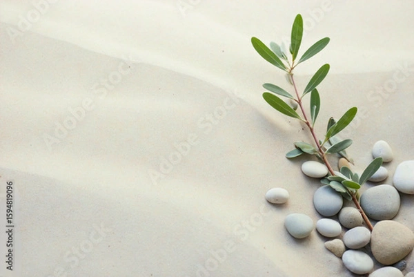 Fototapeta Natural Harmony: Sage Twig and Pebble Rocks on Sand - Serene Botanical Background