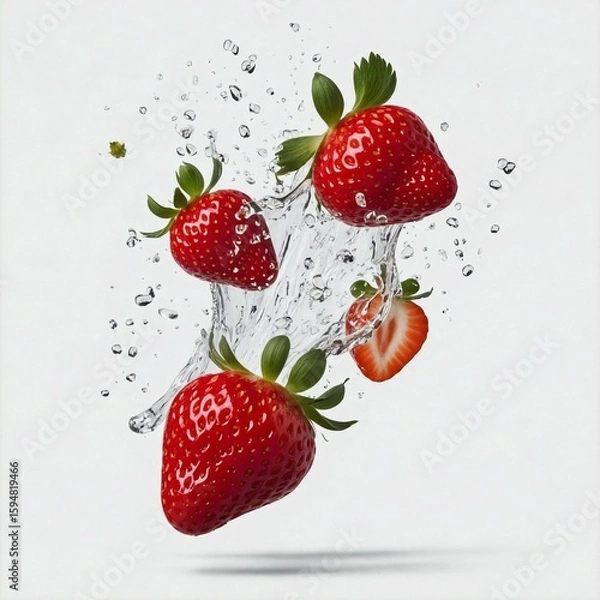 Fototapeta Falling strawberries isolated on transparent or white background, png