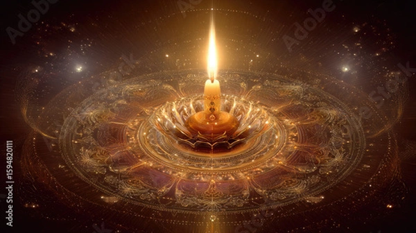 Fototapeta Illuminated candle in a golden decorative arrangement on a dark cosmic background