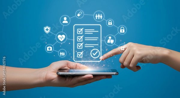 Fototapeta Hands holding a smartphone displaying a checklist with medical icons surrounding it, indicating health management and digital healthcare.