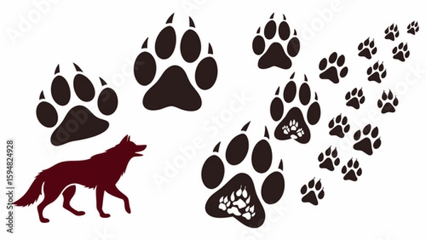 Fototapeta Detailed dark brown wolf silhouette illustration with various stylized paw prints and a long trail of animal tracks on a clean white background, ideal for nature designs.