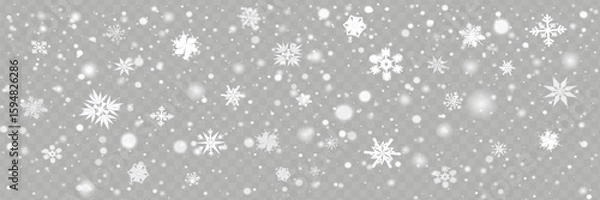 Fototapeta Snow and snowflakes on transparent background. Winter snowfall effect of falling white snow flakes and shining, New Year snowstorm or blizzard realistic backdrop. Christmas or Xmas holidays.
