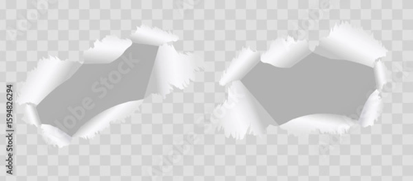 Fototapeta Ragged hole torn in ripped out piece of paper isolated on transparent background. Vector illustration