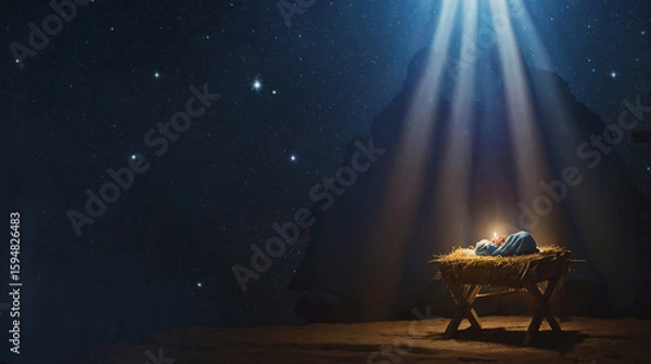 Fototapeta Christmas nativity scene of born child baby Jesus Christ in the manger with Joseph and Mary.illustration Christmas Nativity Scene banner background of baby Jesus in the Christmas with Mary and Joseph.