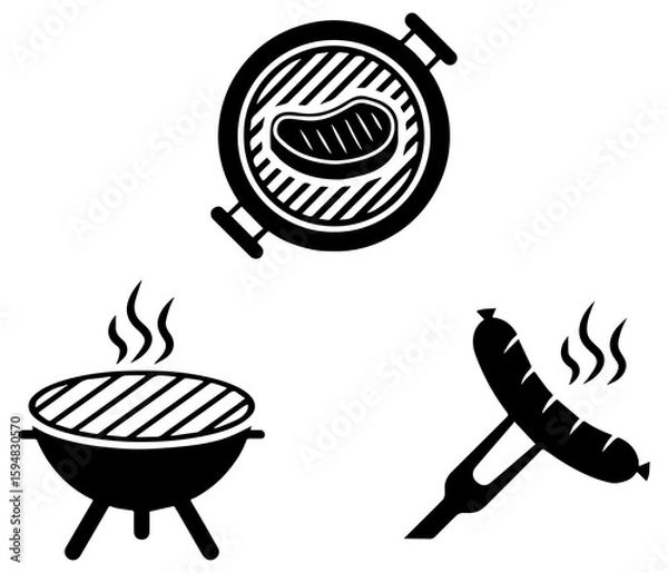 Fototapeta Grill and Barbecue Icon Set Vector Silhouettes of Steak, BBQ Grill, and Sausage with Rising Steam in Black and White