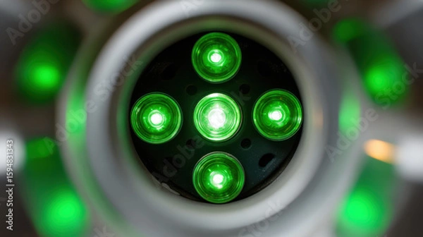 Obraz Green light glowing hybrid energy system component showing futuristic and efficient technology design with circular LED arrangement and modern