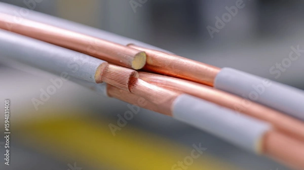Fototapeta Copper wire closeup showing hybrid energy system connection with electrical insulation and metallic conductor in industrial environment