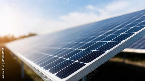 Obraz Solar panel close up captures hybrid energy system producing clean power under bright sky with sunlight shining on blue photovoltaic cells