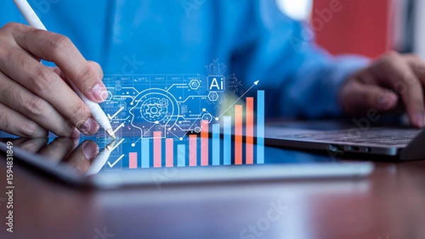 Fototapeta Business growth powered by artificial intelligence, leveraging data-driven systems to enhance strategic decisions, automation, and digital transformation.
