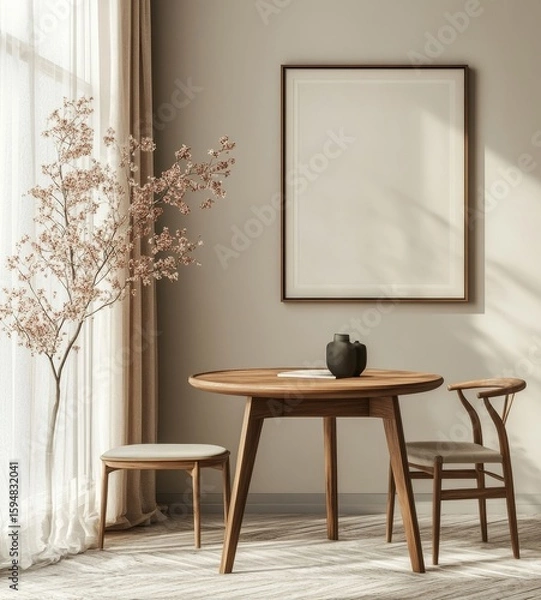 Fototapeta Chair placed at a round wood dining table, positioned against a wall with a large poster frame. Japandi minimalist style home interior design for a modern living room, Generative AI