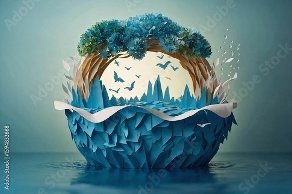 Fototapeta Paper art , Ecology and world water day , Saving water and world Environment day, environmental protection and save earth water , Generate Ai