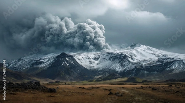 Fototapeta Geological Drama in Iceland: Snow-Capped Volcano Emitting Steam Plume Over Lava Fields | Rugged Landscape with Distant Mountains & Fumarolic Vent | Telephoto Perspective