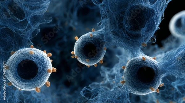 Fototapeta Microscopic view of biological cells with surface proteins in scientific environment