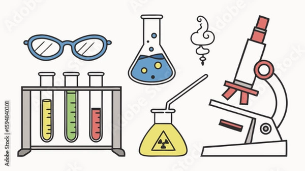 Fototapeta Colorful science lab equipment vector illustration set with test tubes, microscope, flasks, and safety glasses for chemistry experiments and education.