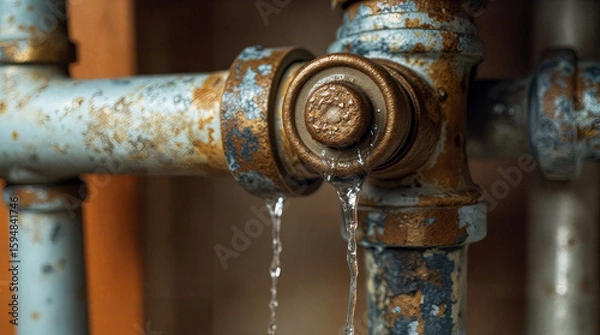 Fototapeta Close up of corroded metal pipe leaking water, highlighting rust damage and decay in an aging plumbing system.