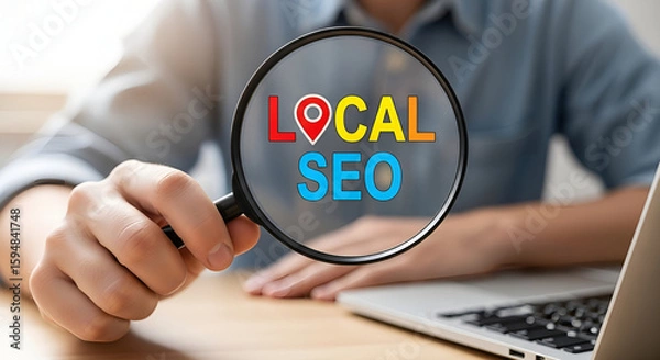 Fototapeta Magnifying glass highlighting “LOCAL SEO” text with map pin icon and laptop background, illustrating small business search optimization and local marketing concept