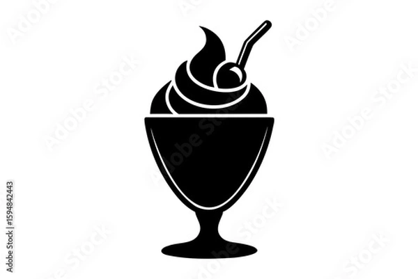 Fototapeta Delicious sundae with cherry topping and spoon silhouette vector illustration