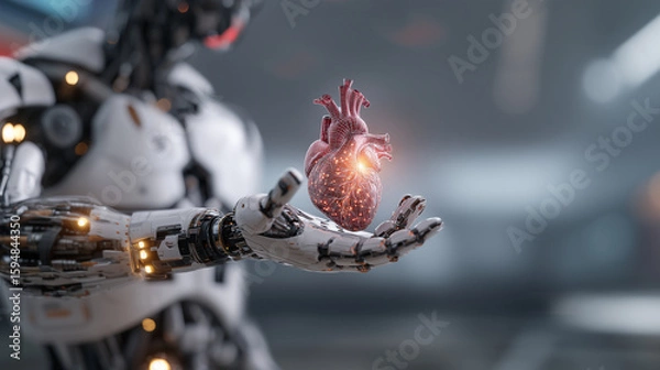 Fototapeta Real heart floating above robot hand.