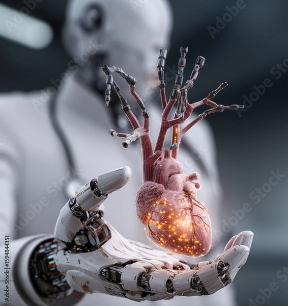 Fototapeta Real heart floating above robot hand.