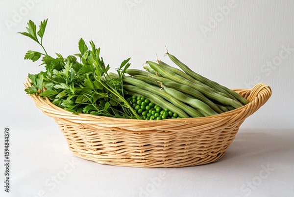 Fototapeta Fresh green beans and peas in woven basket with parsley create vibrant and healthy display