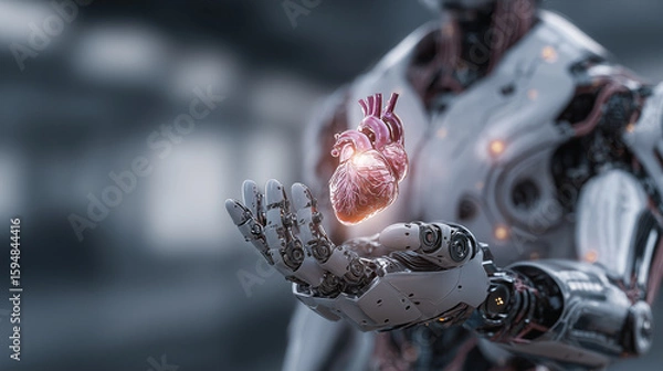 Fototapeta Real heart floating above robot hand.