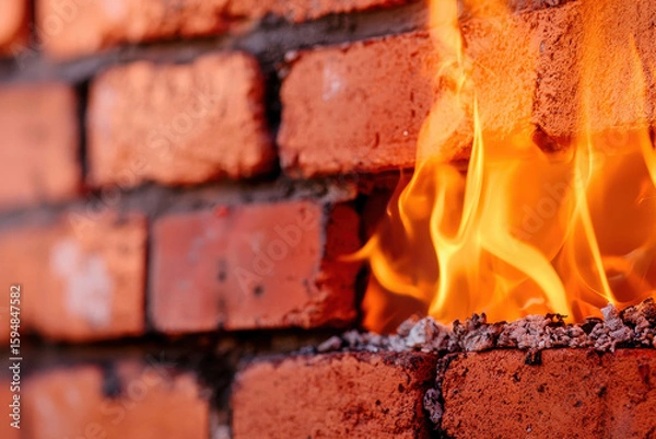 Fototapeta Flames emerge from brick wall, highlighting security risks and vulnerabilities in construction. fire intensity evokes concern