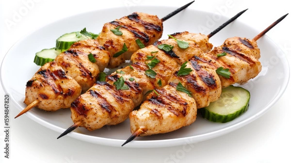Fototapeta Grilled chicken skewers served white plate with fresh cucumber slices, garnished with herbs, creating delicious and appetizing