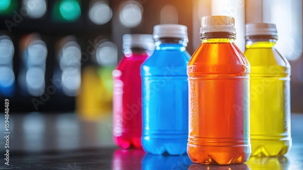 Fototapeta Refreshing sports drinks in vibrant colors, including blue, orange, pink, and yellow, are displayed on table