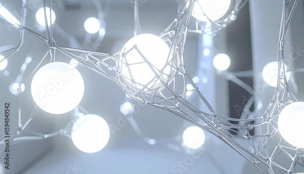 Fototapeta 幾何学構造と白い光球が連なる未来的接続ネットワーク