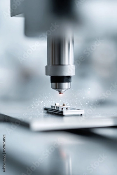 Fototapeta Precision manufacturing. Hightech laser processing a metal part, creating sparks. Symbolizes innovation, engineering, and modern technology. Ideal for industrial or scientific content.