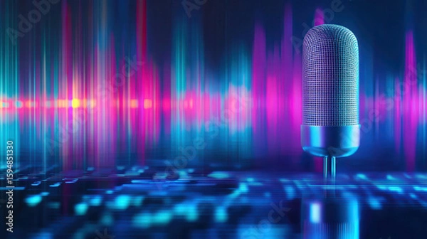 Fototapeta Vibrant microphone stands against colorful sound wave background, symbolizing voice narration and audio technology