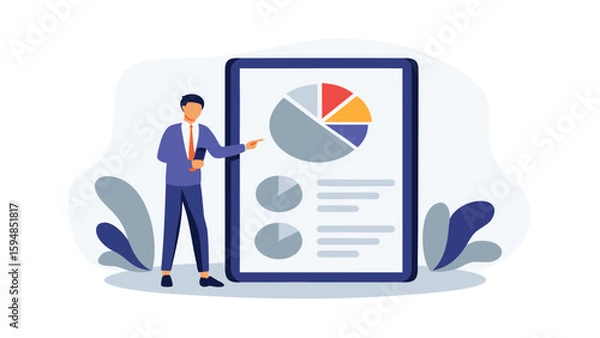 Fototapeta Man presenting data on a large tablet with pie charts and text in a business presentation setting